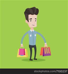 Young smiling man holding shopping bags. Happy caucasian man carrying shopping bags. Man standing with a lot of shopping bags. Vector flat design illustration. Square layout.. Happy man with shopping bags vector illustration.