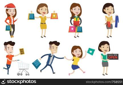 Young smiling man holding shopping bags. Happy caucasian man carrying shopping bags. Man standing with a lot of shopping bags. Set of vector flat design illustrations isolated on white background.. Vector set of shopping people characters.