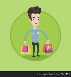 Young smiling man holding shopping bags. Happy caucasian man carrying shopping bags. Man standing with a lot of shopping bags. Vector flat design illustration in the circle isolated on background.. Happy man with shopping bags vector illustration.