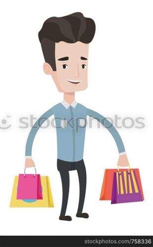 Young smiling man holding shopping bags with purchases. Caucasian man carrying shopping bags. Man standing with a lot of shopping bags. Vector flat design illustration isolated on white background.. Happy man with shopping bags vector illustration.