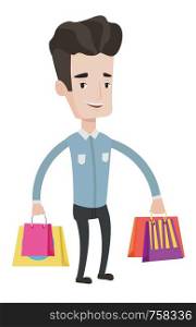 Young smiling man holding shopping bags with purchases. Caucasian man carrying shopping bags. Man standing with a lot of shopping bags. Vector flat design illustration isolated on white background.. Happy man with shopping bags vector illustration.