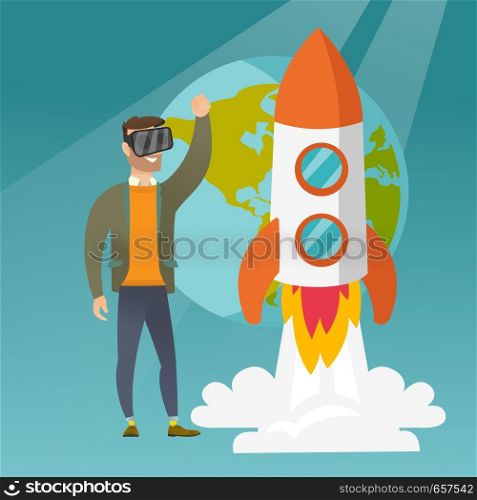Young smiling man in virtual reality headset flying in open space. Caucasian man wearing futuristic virtual reality glasses and playing video game. Vector cartoon illustration. Square layout.. Caucasian man in vr headset flying in open space.