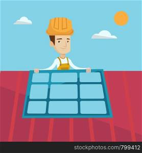 Young smiling man installing solar panels on roof. Technician in inuform and hard hat checking solar panels on roof. Eengineer adjusting solar panels. Vector flat design illustration. Square layout.. Constructor installing solar panel.