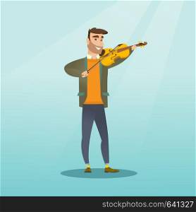 Young smiling man playing the violin. Violinist playing classical music on the violin. Full length of a caucasian man standing with the violin in hands. Vector flat design illustration. Square layout.. Man playing the violin vector illustration.