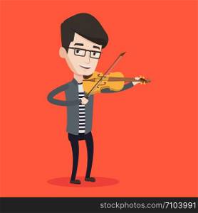 Young smiling man playing violin. Violinist playing classical music on violin. Caucasian man with violin standing on a red background. Vector flat design illustration. Square layout.. Man playing violin vector illustration.