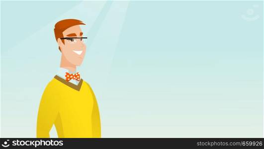 Young smiling man wearing wearable computer with an optical head-mounted display. Caucasian cheerful man wearing smart glasses. Vector cartoon illustration. Horizontal layout.. Young caucasian man wearing smart glasses.