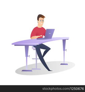 Young Smiling Man with Short Hairstyle, Blue Eyes, Wearing Red Shirt and Dark Jeance Working on Laptop Sitting on Chair at Table on White Background. Flat Vector Illustration, Office Worker Lifestyle. Handsome Smile Office Man Work on Laptop isolated