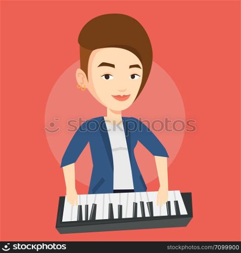 Young smiling musician playing piano. Pianist playing upright piano. Caucasian female pianist playing on synthesizer. Vector flat design illustration. Square layout.. Woman playing piano vector illustration.