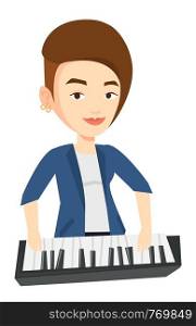 Young smiling musician playing piano. Pianist playing upright piano. Caucasian female pianist playing on synthesizer. Vector flat design illustration isolated on white background.. Woman playing piano vector illustration.