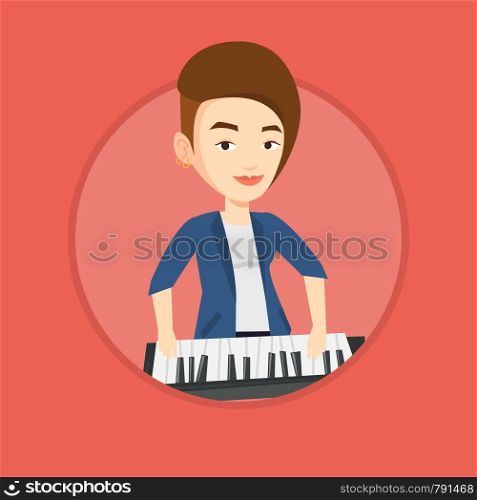 Young smiling musician playing piano. Pianist playing upright piano. Caucasian female pianist playing on synthesizer. Vector flat design illustration in the circle isolated on background.. Woman playing piano vector illustration.