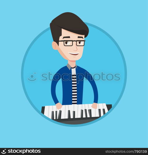 Young smiling musician playing piano. Pianist playing upright piano. Caucasian male pianist playing on synthesizer. Vector flat design illustration in the circle isolated on background.. Man playing piano vector illustration.