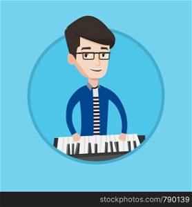 Young smiling musician playing piano. Pianist playing upright piano. Caucasian male pianist playing on synthesizer. Vector flat design illustration in the circle isolated on background.. Man playing piano vector illustration.