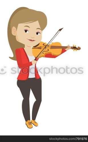 Young smiling musician playing violin. Cheerful violinist playing classical music on violin. Caucasian musician standing with violin. Vector flat design illustration isolated on white background.. Woman playing violin vector illustration.