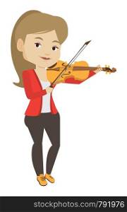 Young smiling musician playing violin. Cheerful violinist playing classical music on violin. Caucasian musician standing with violin. Vector flat design illustration isolated on white background.. Woman playing violin vector illustration.