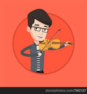 Young smiling musician playing violin. Cheerful violinist playing music on violin. Caucasian musician standing with violin. Vector flat design illustration in the circle isolated on background.. Man playing violin vector illustration.