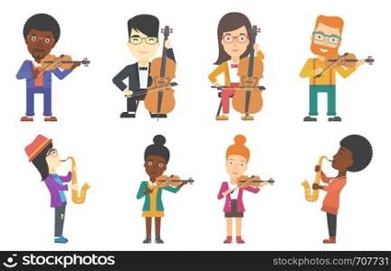 Young smiling musician playing violin. Musician performing with violin. Cheerful violinist playing classical music on violin. Set of vector flat design illustrations isolated on white background.. Vector set of musicians characters.