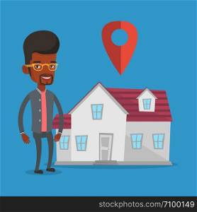Young smiling real estate agent standing on the background of map pointer above the house. Happy male real estate agent offering house. Vector flat design illustration. Square layout.. Realtor on background of house with map pointer.