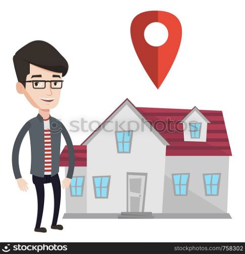 Young smiling real estate agent standing on the background of map pointer above the house. Happy male real estate agent offering house. Vector flat design illustration isolated on white background.. Realtor on background of house with map pointer.