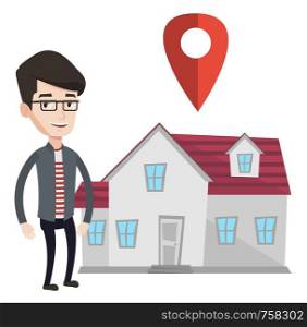 Young smiling real estate agent standing on the background of map pointer above the house. Happy male real estate agent offering house. Vector flat design illustration isolated on white background.. Realtor on background of house with map pointer.