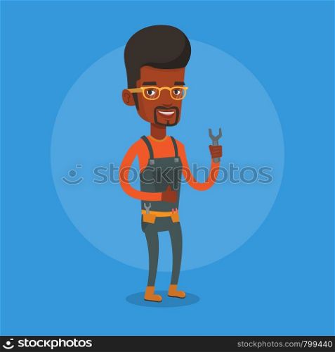 Young smiling repairman standing with a spanner in hand. An african-american repairman giving thumb up. Repairman in overalls holding a spanner. Vector flat design illustration. Square layout.. Repairman holding spanner vector illustration.