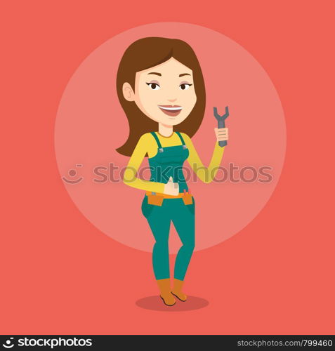 Young smiling repairman standing with a spanner in hand. Caucasian female repairman giving thumb up. Female repairman in overalls holding a spanner. Vector flat design illustration. Square layout.. Repairman holding spanner vector illustration.