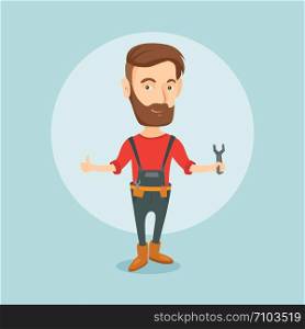 Young smiling repairman standing with a spanner in hand. Caucasian hipster repairman giving thumb up. Repairman in overalls holding a spanner. Vector flat design illustration. Square layout.. Repairman holding spanner vector illustration.