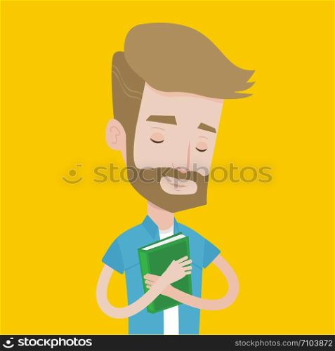 Young smiling student hugging his book. Happy joyful student likes read books. Peaceful student with eyes closed holding a book. Concept of education. Vector flat design illustration. Square layout.. Student hugging his book vector illustration.