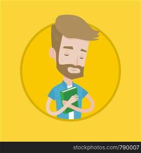 Young smiling student hugging his book. Peaceful caucasian student with eyes closed holding a book. Concept of education. Vector flat design illustration in the circle isolated on background.. Student hugging his book vector illustration.