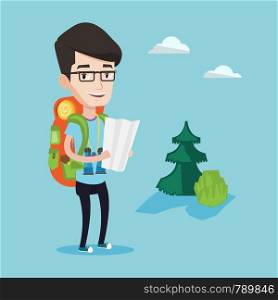Young smiling traveler with backpack and binoculars looking at map. Young cheerful man hiking. Happy backpacker searching right direction on a map. Vector flat design illustration. Square layout.. Traveler with backpack looking at map.