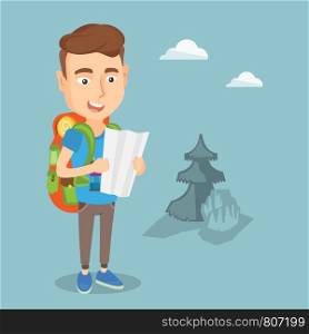 Young smiling traveler with backpack and binoculars looking at map. Young cheerful man hiking. Happy backpacker searching right direction on a map. Vector flat design illustration. Square layout.. Traveler with backpack looking at map.