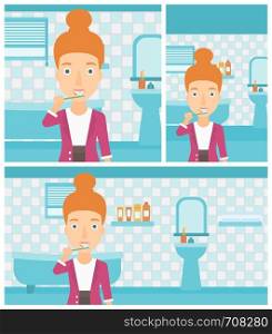 Young smiling woman brushing her teeth with a toothbrush in bathroom. Vector flat design Illustration. Square, horizontal, vertical layouts.. Woman brushing teeth.