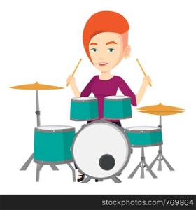 Young smiling woman playing on drums. Caucasian mucisian playing on drums. Happy female drummer sitting behind the drum kit. Vector flat design illustration isolated on white background.. Woman playing on drum kit vector illustration.