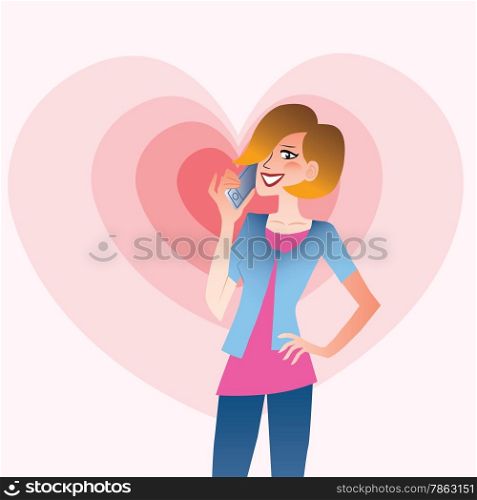 Young smiling woman talking on the phone that emits waves in the shape of a heart. Valentines day
