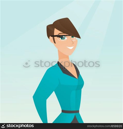 Young smiling woman wearing wearable computer with an optical head-mounted display. Caucasian cheerful woman wearing smart glasses. Vector cartoon illustration. Square layout.. Young caucasian woman wearing smart glasses.