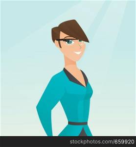 Young smiling woman wearing wearable computer with an optical head-mounted display. Caucasian cheerful woman wearing smart glasses. Vector cartoon illustration. Square layout.. Young caucasian woman wearing smart glasses.