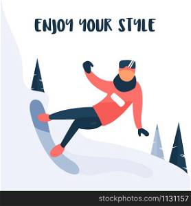 Young snowboarder dressed in winter clothing. Mountain sports activity. Greeting card enjoy your style. Young snowboarder. Mountain sports activity.