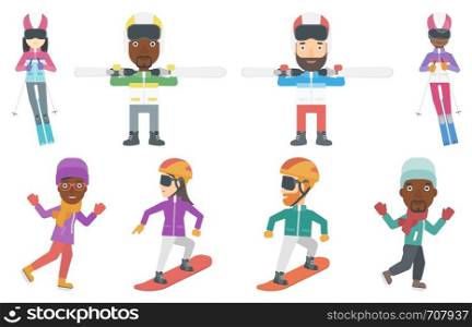 Young snowboarder snowboarding. Snowboarder making freestyle trick. Snowboarder with snowboard. Man and woman riding on snowboard. Set of vector flat design illustrations isolated on white background.. Vector set of winter sport characters.