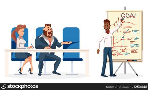Young Speaker make Presentation for Work Team. Business Character Meeting. Office Worker Show Plan on Board. Smiling Man and Woman Sit on Chair by Table. Cartoon Flat Vector Illustration. Young Speaker make Presentation for Work Team