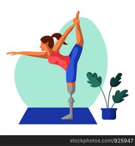 Young special woman doing yoga on mat, girl with prosthetic leg in yoga pose doing exercise and meditation. Female character in flat style. Isolated figure and potted flower, vector illustration. Yoga Different People