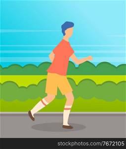 Young sportive guy running at road. Man training to run. Runner in t-shirt and short run behind meadow. Lesire activities outdoors. Spend free time in park at summer. Vector cartoon character. Young sportive guy running, man training to run, runner in t-shirt and short run behind meadow