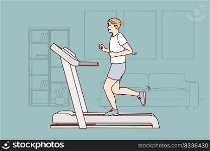 Young sportive man in sportswear running on racetrack at home. Toned motivated male do sports training indoors. Physical activity. Vector illustration. . Sportive man running on racetrack at home 