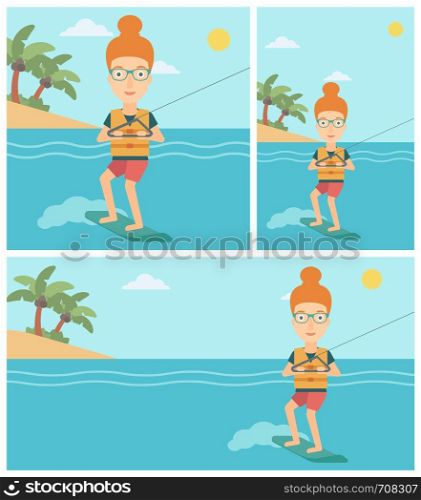 Young sports woman wakeboarding on the sea. Wakeboarder making tricks. Woman studying wakeboarding. Young woman riding wakeboard. Vector flat design illustration. Square, horizontal, vertical layouts.. Professional wakeboard sports woman.