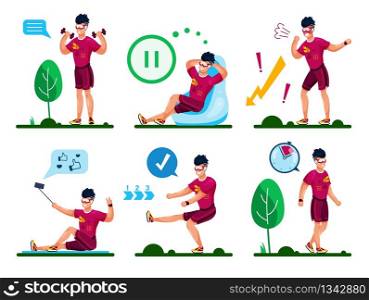 Young Sportsman, Male Athlete Hawing Workout with Dumbbells, Doing Fitness Exercises Outdoors, Tired After Training, Relaxing in Chair, Shooting Selfie Trendy Flat Vector Character Illustrations Set