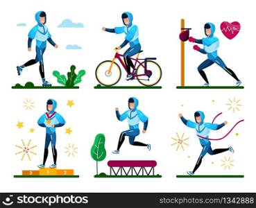 Young Sportsman, Male Athlete in Sportswear Riding Rolling-Skates, Bicycle, Boxing with Bunching Bag, Jumping on Trampoline, Winning Competition Trendy Flat Vector Isolated Character Illustrations Set