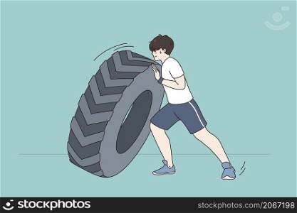 Young sportsman push tire do workout exercise in gym. Toned strong man doing sports train with tyre outdoor. Crossfit and weightlifting. Healthy lifestyle concept. Flat vector illustration. . Sportsman push tire training in gym