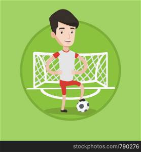 Young sportsman standing with football ball on the backgrounf of gate. Football player standing with a football ball on the field. Vector flat design illustration in the circle isolated on background.. Football player with ball vector illustration.