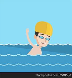 Young sportsman wearing cap and glasses swimming in pool. Professional male swimmer in swimming pool. Man swimming forward crawl style. Vector flat design illustration. Square layout.. Man swimming vector illustration.