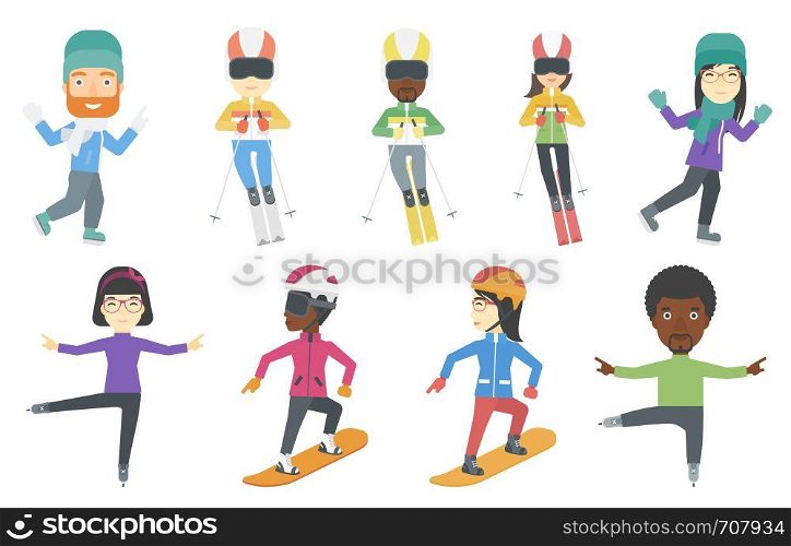 Young sportswoman and sportsman skiing. Young skier skiing downhill. Female skier on downhill slope. Skier resting in ski resort. Set of vector flat design illustrations isolated on white background.. Vector set of winter sport characters.