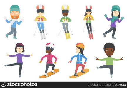 Young sportswoman and sportsman skiing. Young skier skiing downhill. Female skier on downhill slope. Skier resting in ski resort. Set of vector flat design illustrations isolated on white background.. Vector set of winter sport characters.