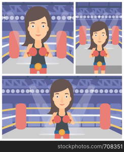 Young sportswoman in boxing gloves. Professional female boxer standing in the boxing ring. Vector flat design illustration. Square, horizontal, vertical layouts.. Confident boxer in gloves vector illustration.